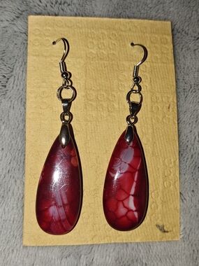 Red Teardrop Natural Stone Dangle Earrings - Handmade Jewelry